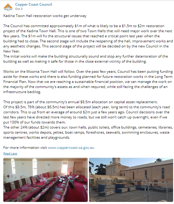Kadina Town Hall Works Update 3rd Oct 2018 - FB