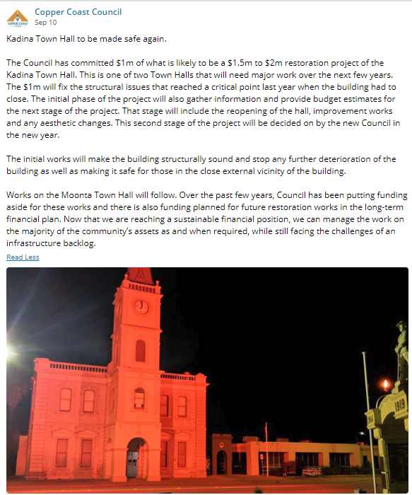 Kadina Town Hall Works Update 10th Sept 2018 - FB