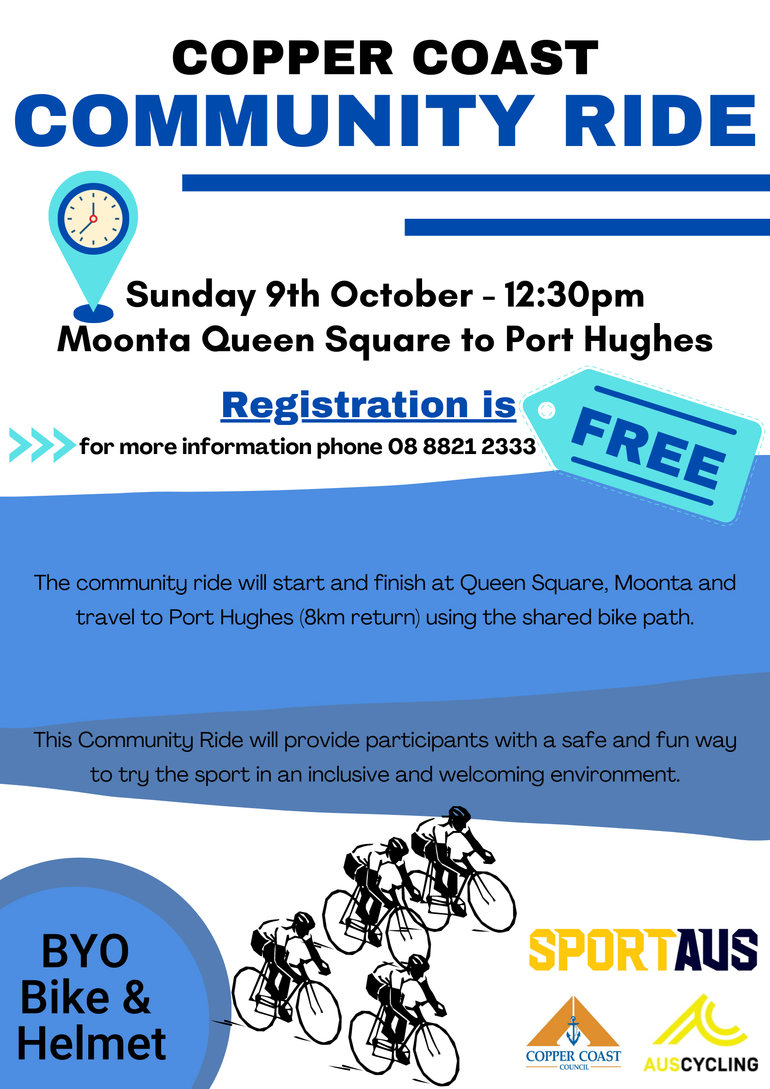 Copper Coast Come & Try- Sunday, 9 October at 4pm. Ride the Criterium course around Queen SquareRegistration is free. BYO Bike and Helmet. Call 8821 2333 for more information